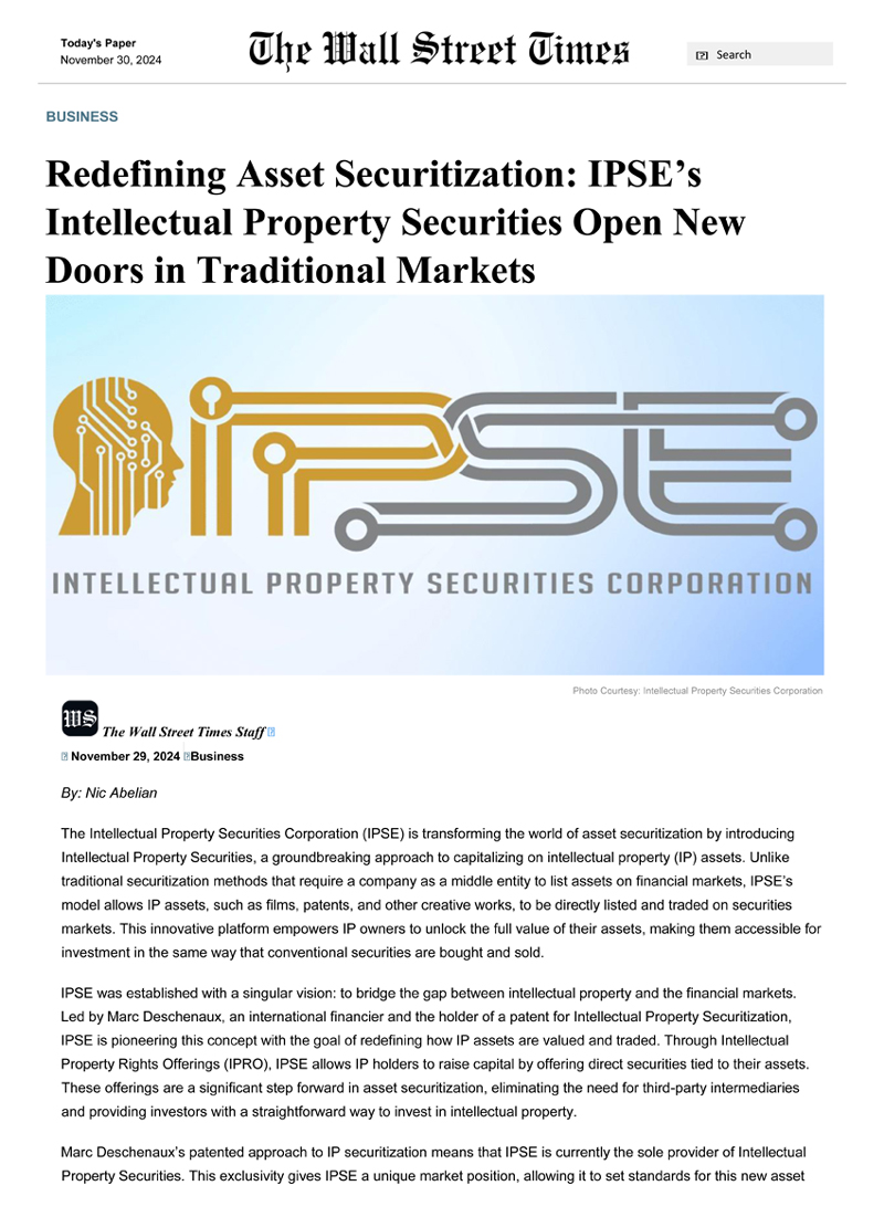 IPSE’s Intellectual Property Securities Open New Doors in Traditional Markets